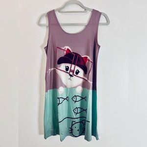 NWT SLEEVELESS CASUAL T-SHIRT A-LINE MINI DRESSES CAT PRINT CREWNECK BEACH TANK